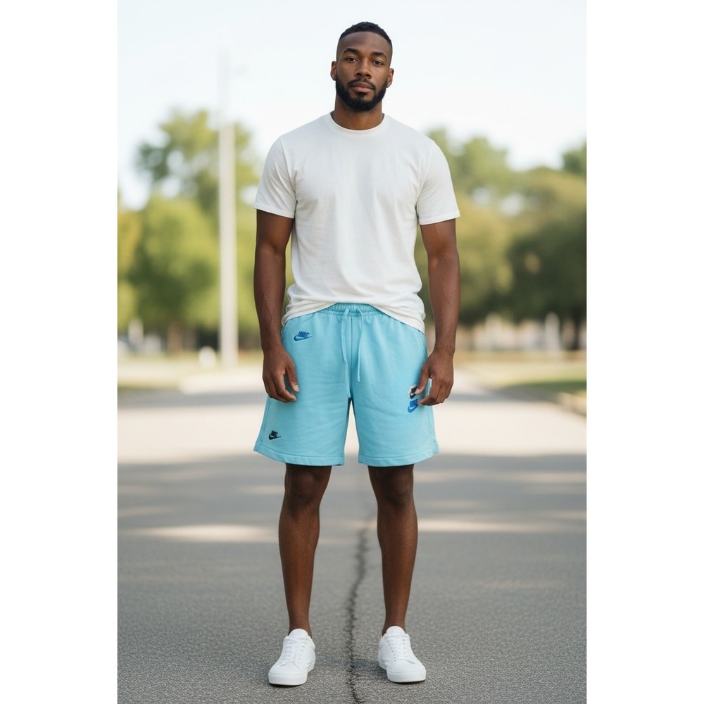 Nike Mens Multi Logo French Terry Shorts Light Blue DM6879-499 Size M